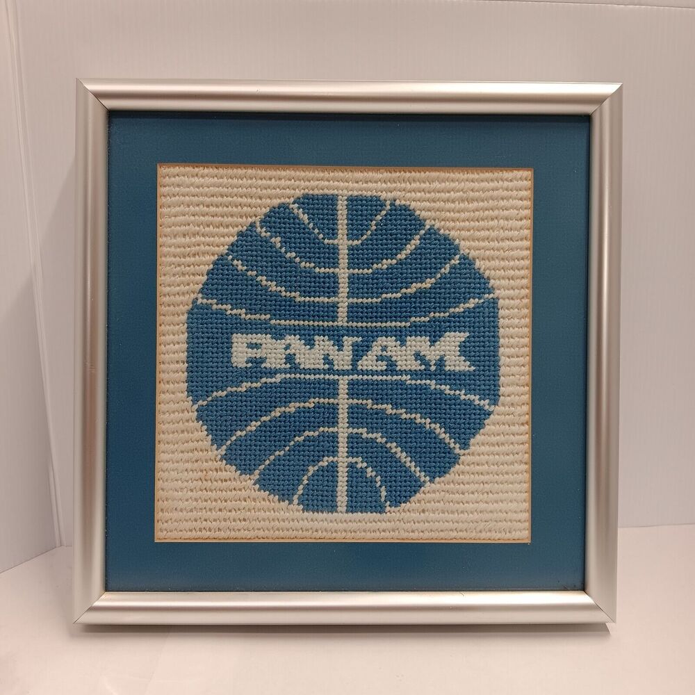 Vintage Pan Am Airlines Framed Wall Art Embroidered Large Cross Stitch Matte